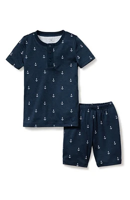 Petite Plume Kids' Print Fitted Two-Piece Pima Cotton Short Pajamas Navy at Nordstrom,