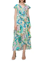 MELLODAY Floral Print Flutter Sleeve Faux Wrap Midi Dress Blue Multi at Nordstrom,