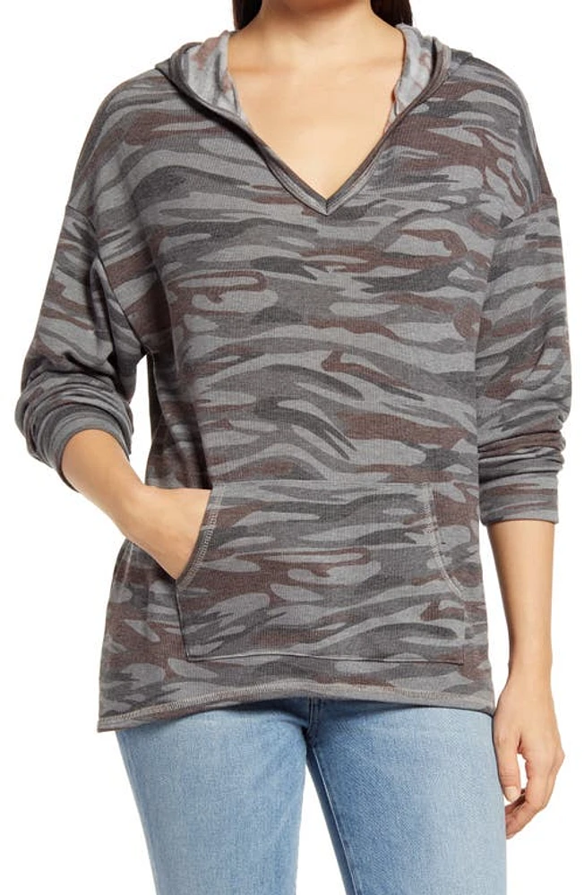 Loveappella Camo V-Neck Hoodie Gray at Nordstrom,