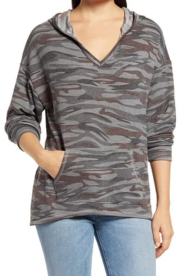 Loveappella Camo V-Neck Hoodie Gray at Nordstrom,