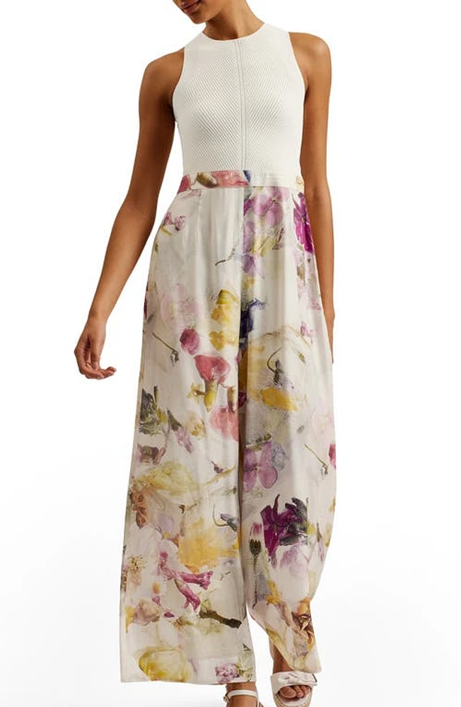 Ted Baker London Tirsso Floral Rib Bodice Jumpsuit in White at Nordstrom, Size 6