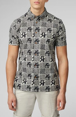 Ben Sherman Checkerboard Paisley Print Short Sleeve Button-Down Shirt Black at Nordstrom,