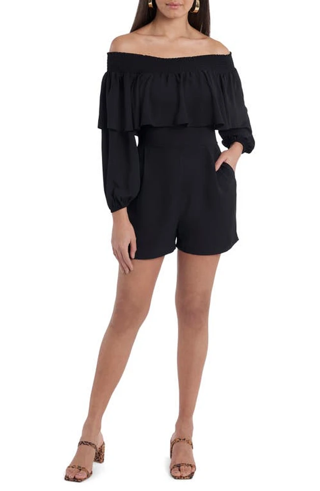 1.STATE Off-the-Shoulder Long Sleeve Romper in Rich Black at Nordstrom, Size Large