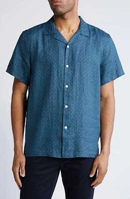 Nordstrom Regular Fit Geo Pattern Linen Blend Camp Shirt Navy- Teal Abstract Diamonds at Nordstrom,