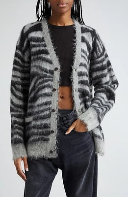 R13 Zebra Stripe Distressed Wool & Mohair Blend V-Neck Cardigan in Zebra Jacquard at Nordstrom, Size Large