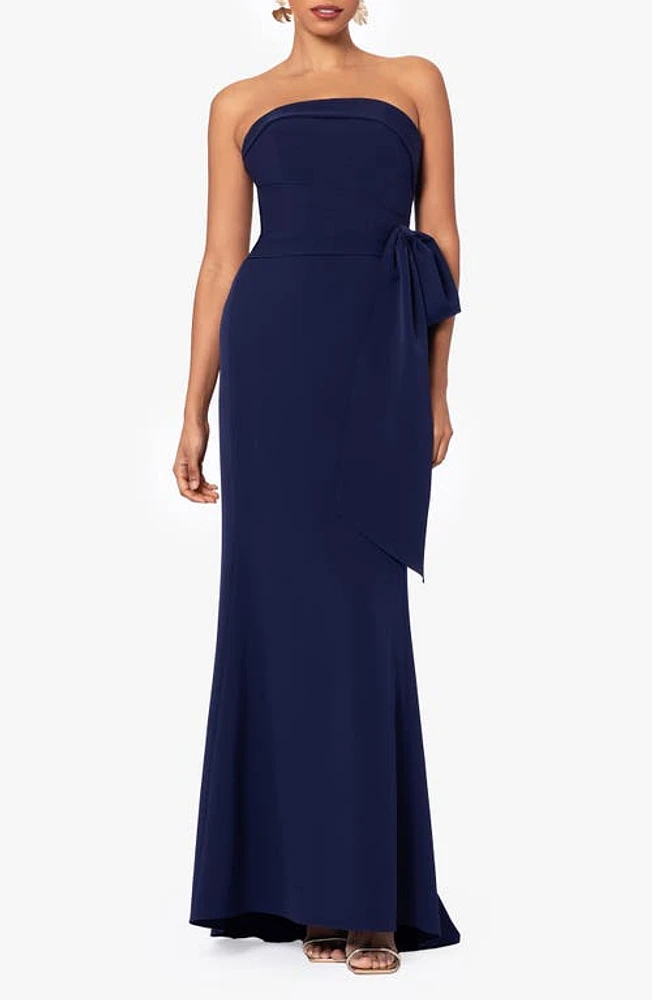 Betsy & Adam Bow Strapless Scuba Gown Navy at Nordstrom,