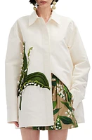 Oscar de la Renta Lily of the Valley Boxy Embroidered Silk Button-Up Shirt in Ivory Multi at Nordstrom, Size X-Small