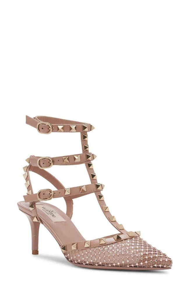 Valentino Garavani Rockstud T-Strap Pointed Toe Pump Silk/Rose Cannelle at Nordstrom,