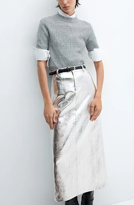 MANGO Metallic Faux Leather Midi Skirt Silver at Nordstrom,