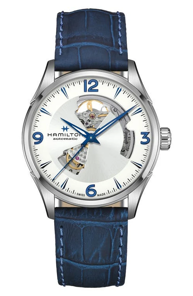 Hamilton Jazzmaster Skeleton Leather Strap Watch, 42mm in Blue at Nordstrom