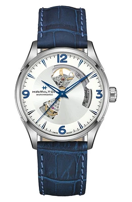 Hamilton Jazzmaster Skeleton Leather Strap Watch, 42mm in Blue at Nordstrom