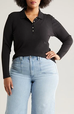 Treasure & Bond Rib Long Sleeve Polo Black at Nordstrom,