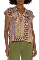 Liverpool Los Angeles Print Dolman Sleeve Camp Shirt Geo Patchwork at Nordstrom,