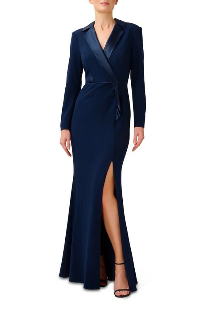 Adrianna Papell Crepe Long Sleeve Tuxedo Trumpet Gown in Midnight at Nordstrom, Size 4