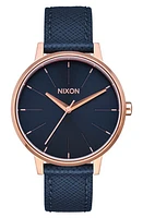 Nixon 'The Kensington' Leather Strap Watch, 37mm in Blue/Rose Gold at Nordstrom