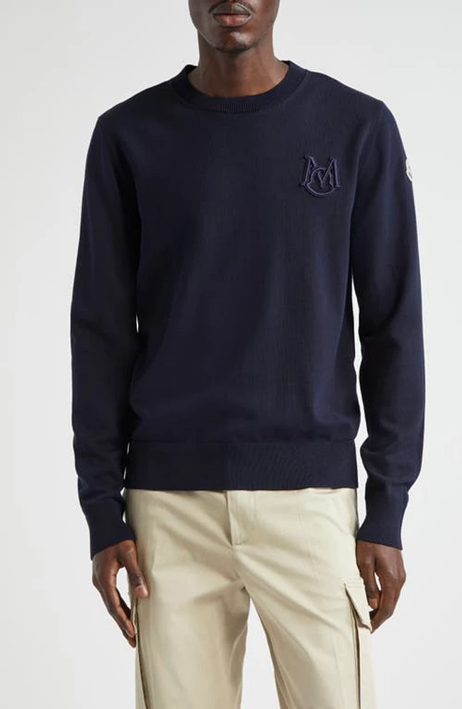 Moncler Monogram Cotton Crewneck Sweater Navy at Nordstrom,