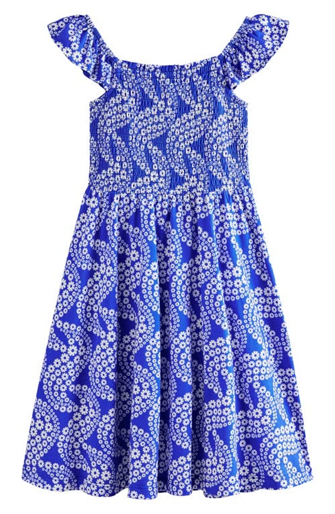 Mini Boden Kids' Floral Smocked Cotton Sundress Greek Blue Daisy Wave at Nordstrom,