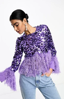 ASOS DESIGN Faux Feather Trim Top in Purple at Nordstrom, Size 6 Us