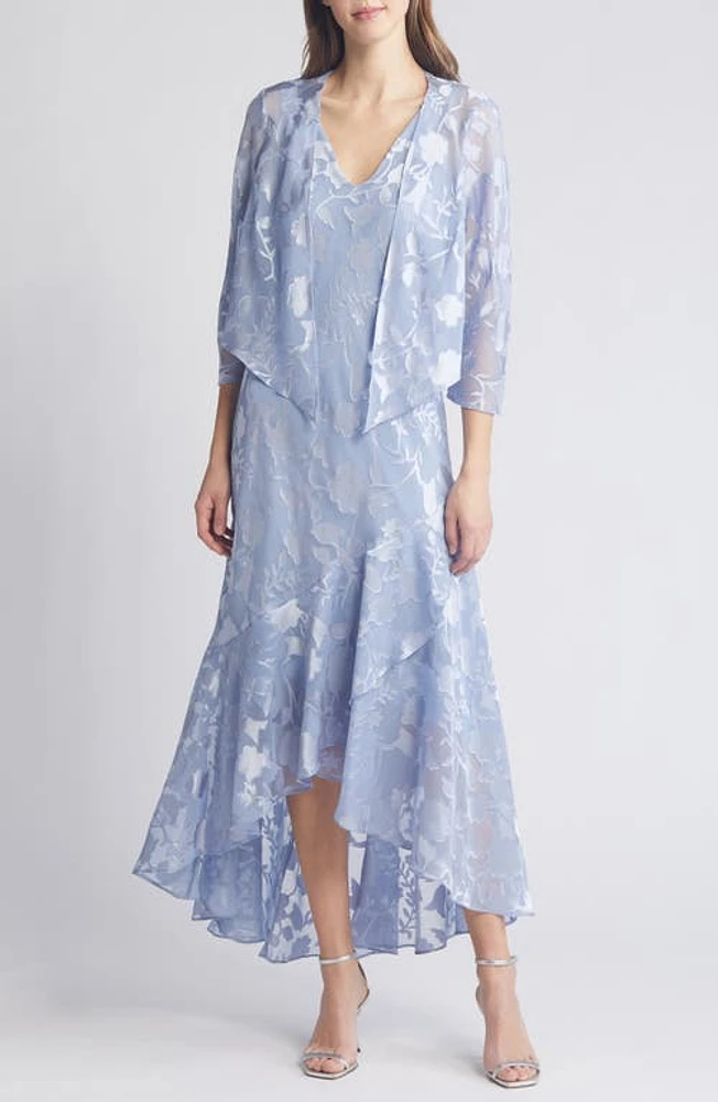 Alex Evenings Metallic Floral High-Low Chiffon Jacquard Midi Dress with Jacket Hydrangea at Nordstrom,