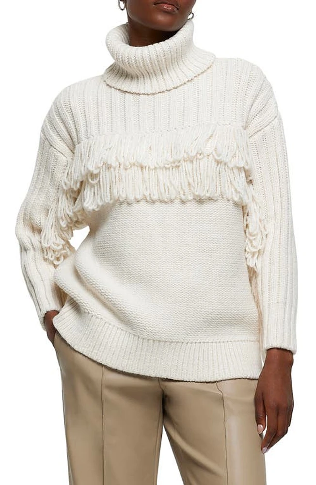 River Island Fringe Turtleneck Sweater Cream at Nordstrom,