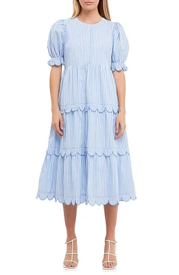 English Factory Stripe Scallop Edge Tiered Midi Dress Blue at Nordstrom,