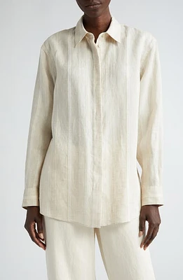 Lafayette 148 New York Oversize Stripe Linen & Cashmere Shirt Pebble at Nordstrom,