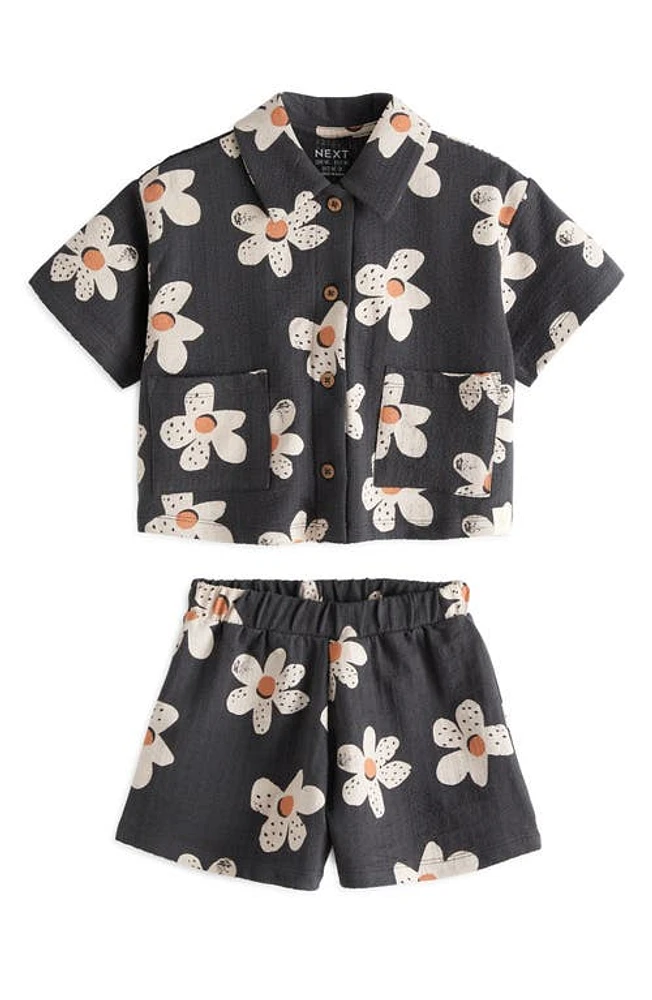 NEXT Kids' Floral Camp Shirt & Shorts Set Black Daisy at Nordstrom,