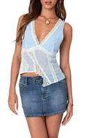 EDIKTED Chiffon Lace Trim Asymmetric Tank Top Light-Blue at Nordstrom,