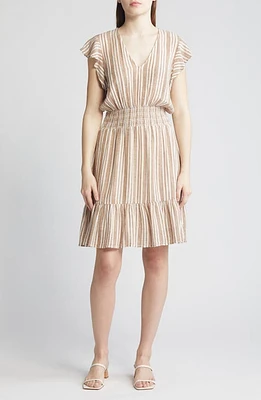 Rails Tara Stripe Ruffle Sleeve Linen Blend Dress Palo Santo at Nordstrom,