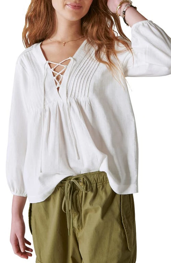 Lucky Brand Lace-Up Cotton Peasant Blouse Cloud Dancer at Nordstrom,