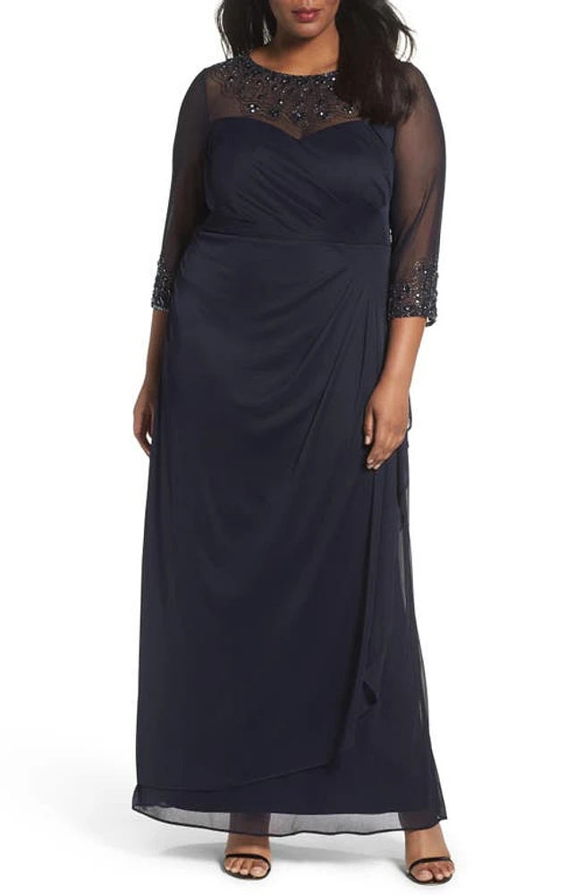 Alex Evenings Beaded Illusion Neck A-Line Gown Dark Navy at Nordstrom,