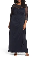 Alex Evenings Beaded Illusion Neck A-Line Gown Dark Navy at Nordstrom,