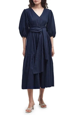 Barbour Annie Puff Sleeve Linen & Cotton Midi Dress Navy at Nordstrom, Us