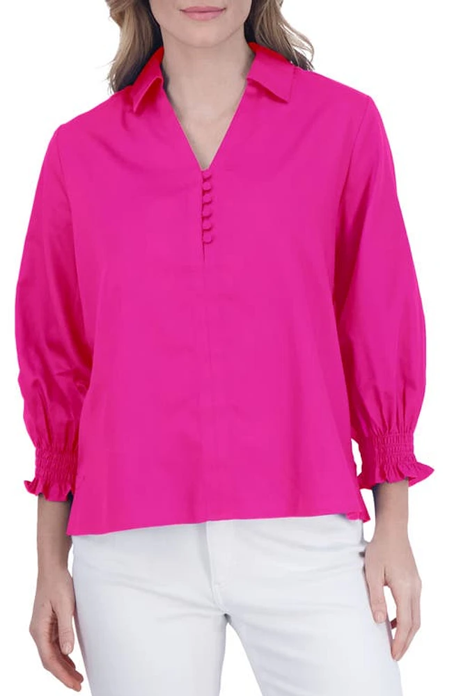 Foxcroft Alexis Smocked Cuff Sateen Popover Top at Nordstrom,