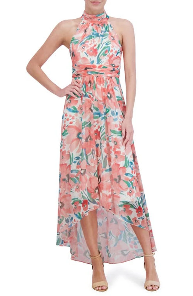 Eliza J Floral Sleeveless High-Low Chiffon Gown Coral Multi at Nordstrom,