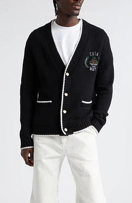 Casablanca Casa Way Embroidered Tipped Merino Wool & Cashmere Cardigan in Black at Nordstrom, Size Medium