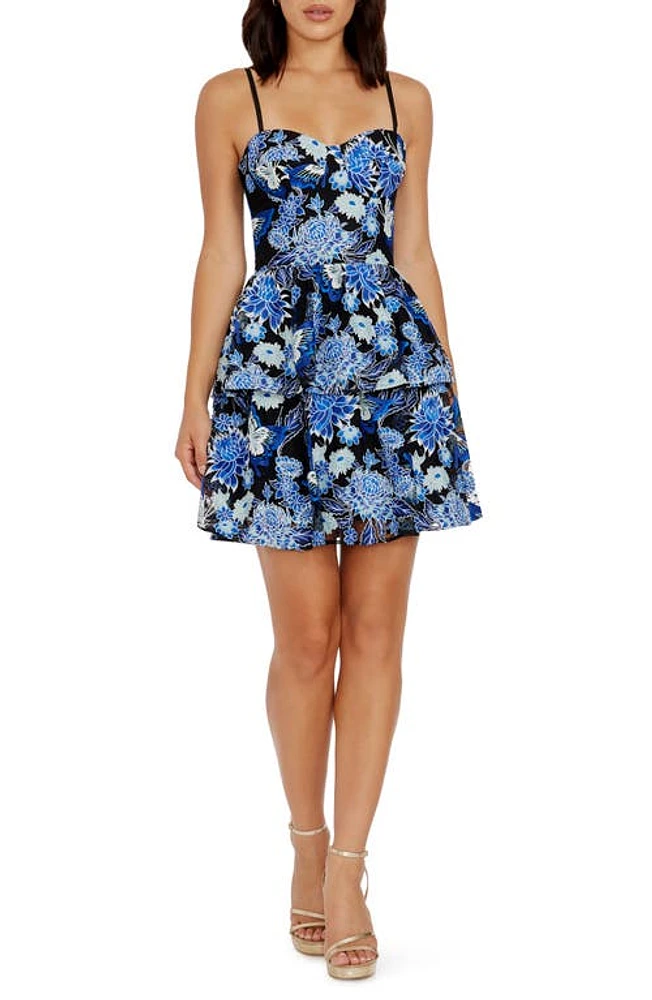 Dress the Population Braelyn Floral Embroidered Tiered Cocktail Minidress Cobalt Multi at Nordstrom,