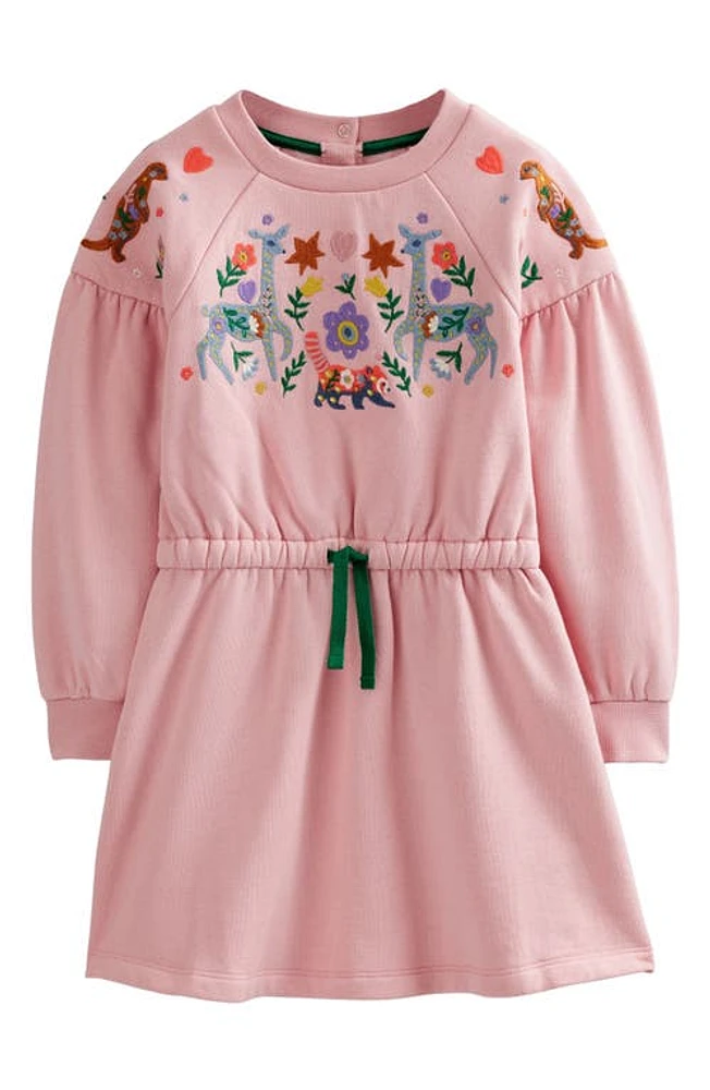 Mini Boden Kids' Folklore Embroidered Long Sleeve Sweatshirt Dress in Boto Pink Animals at Nordstrom, Size 6-7Y