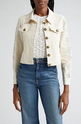 Ramy Brook Nalani Lace Detail Stretch Cotton Trucker Jacket Ecru Denim at Nordstrom,