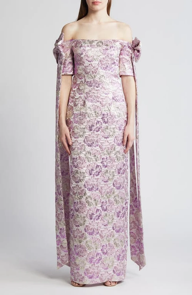 Black Halo Paisley Floral Metallic Brocade Off the Shoulder Evening Gown Glowing Amethyst at Nordstrom,