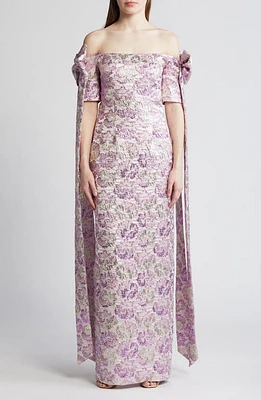 Black Halo Paisley Floral Metallic Brocade Off the Shoulder Evening Gown Glowing Amethyst at Nordstrom,