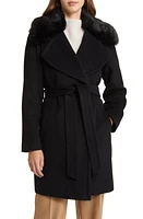 Via Spiga Belted Wool Blend Wrap Coat with Faux Fur Collar Black at Nordstrom,