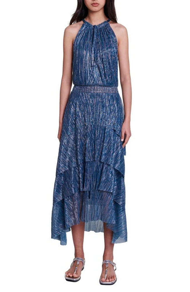 maje Ruffinami Pleated Halter Dress Blue /Grey at Nordstrom,