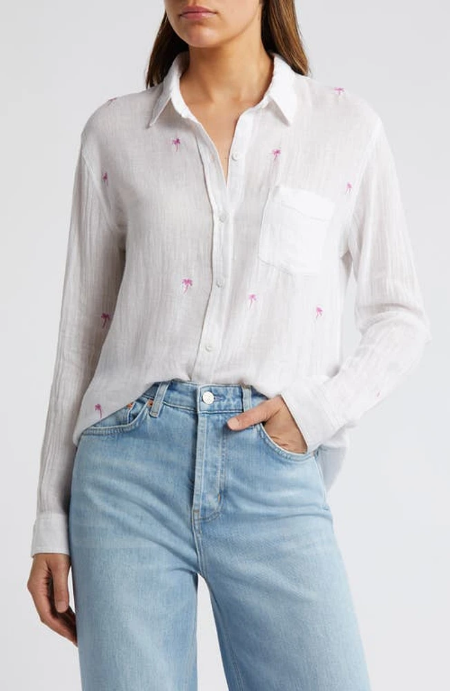 Rails Charli Palm Tree Embroidered Linen Blend Button-Up Shirt Fuschia Palms at Nordstrom,