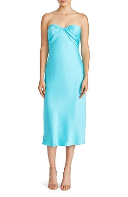 ML Monique Lhuillier Imara Satin Strapless Midi Dress Bright Aqua at Nordstrom,