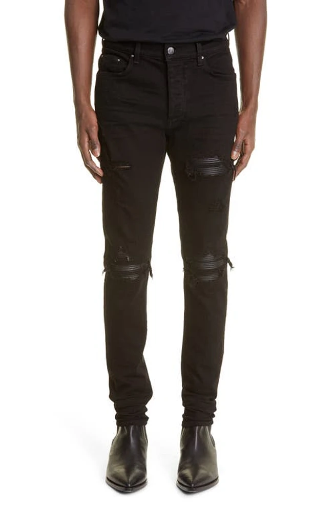 AMIRI MX1 Leather Patch Ripped Skinny Jeans Black at Nordstrom,