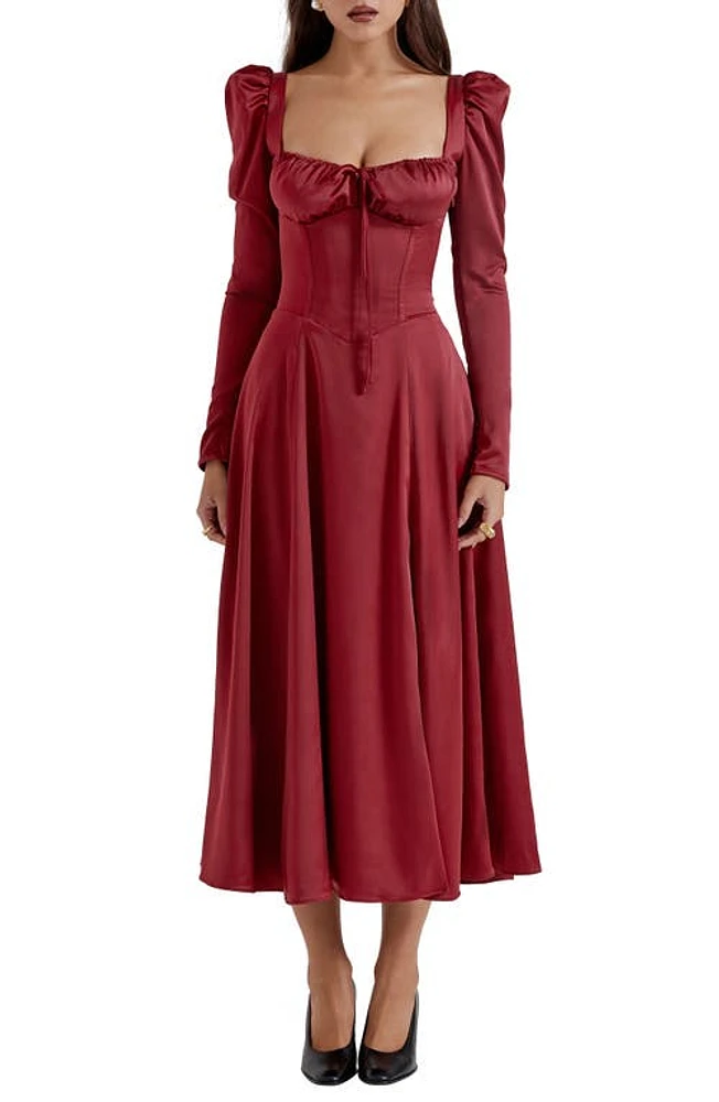 HOUSE OF CB Sebille Long Sleeve Corset Midi Cocktail Dress Blood Red at Nordstrom, A