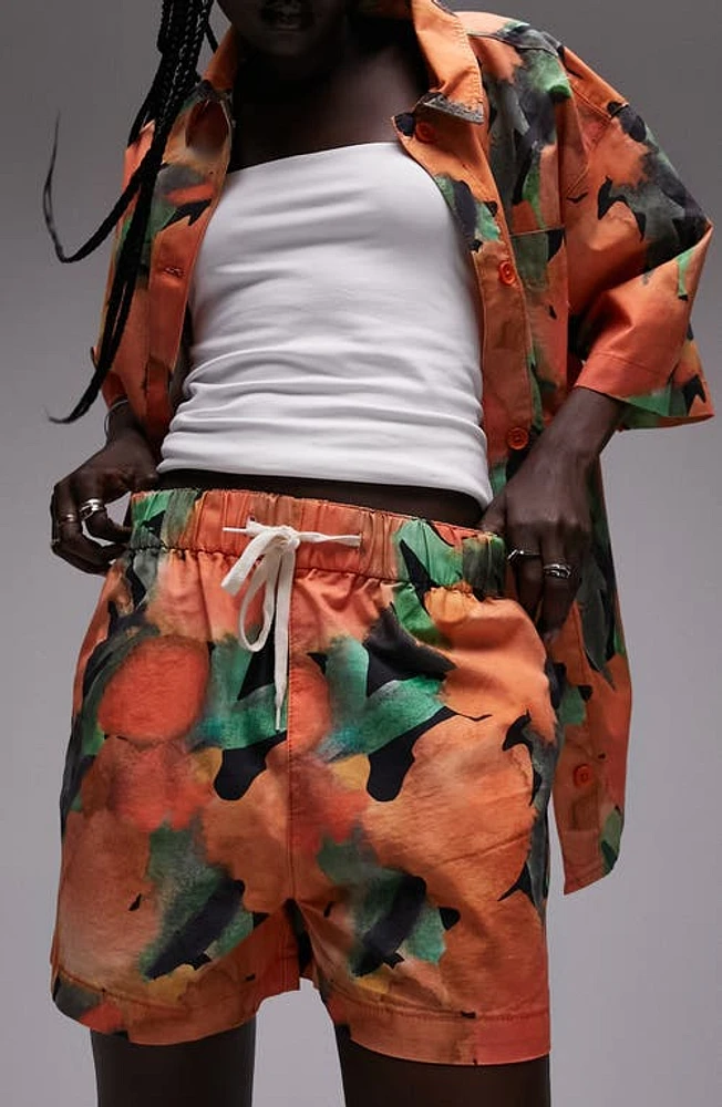 Topshop Abstract Print Drawstring Cotton Shorts Orange at Nordstrom,