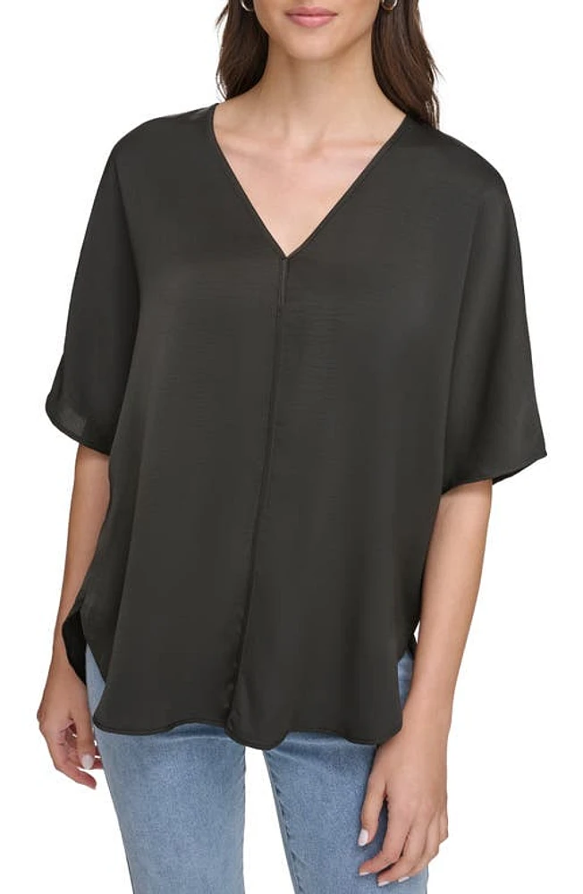 DKNY Short Sleeve Woven Top Black at Nordstrom,