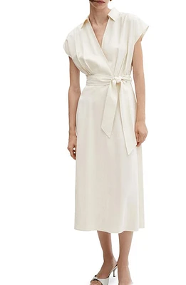 MANGO Tie Belt Faux Wrap Midi Dress Off White at Nordstrom,